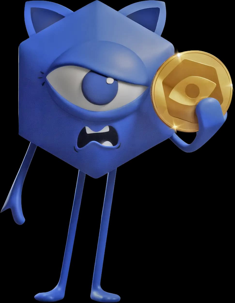 Blue tournament mascot holding GG Coin
